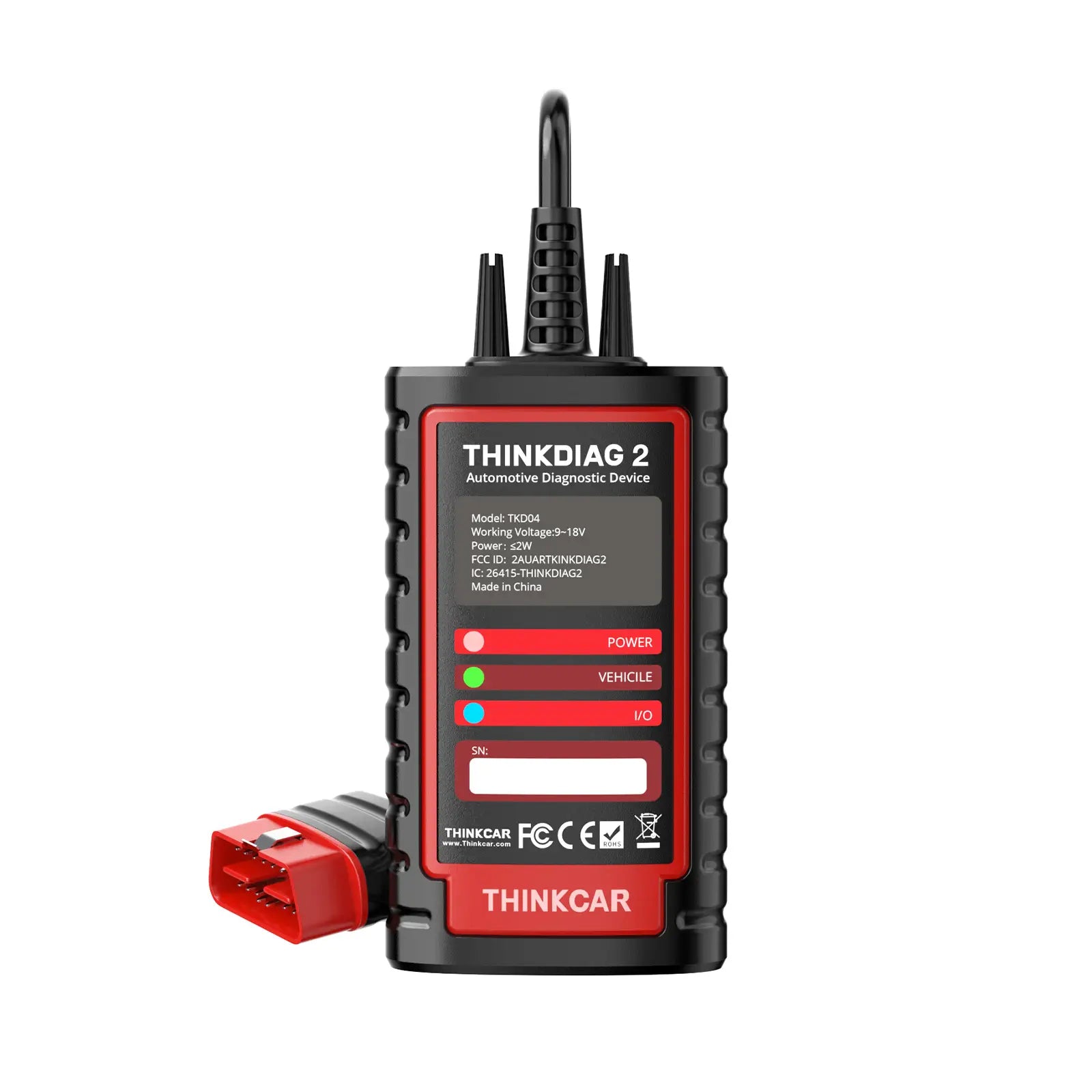 Thinkdiag 2 automotive diagnostic device in black and red, shown with its OBD2 connector cable